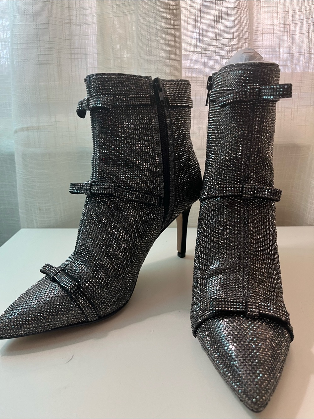 INC Rhinestone Pointed-Toe Belted Ankle Boots - Black with silvery sparkles